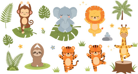 Fototapeta premium Cute Animal Yoga Set Featuring Monkeys, Elephants, Lions, Tigers, Sloths, and Giraffes in Peaceful Poses for Kids' Wellness and Activity Designs