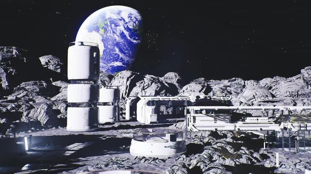 lunar antenna array under Earth glow, multiple radomes and dishes, signal relay equipment, telescope elements, nightsky contrast, technical operations