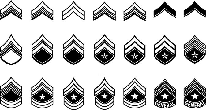 Set of icons of military army ranks from private to generals, military ranks of the army, black silhouettes.
