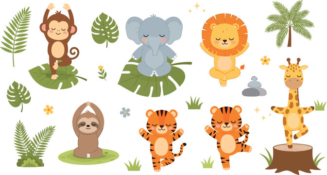 Cute Animal Yoga Set Featuring Monkeys, Elephants, Lions, Tigers, Sloths, and Giraffes in Peaceful Poses for Kids' Wellness and Activity Designs
