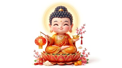 Cute Chibi Buddha Tathagata Character 3D Illustration for Asian Lunar New Year, pure white background



