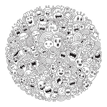 Black and White Circular Monster Doodle Pattern Vector