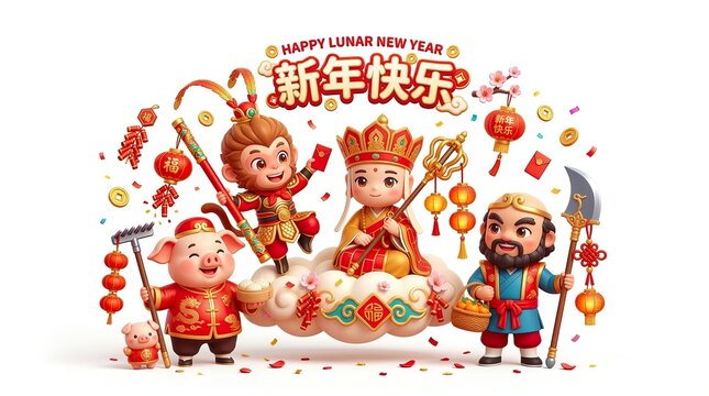 Cute Chibi Journey to the West Team Group 3D Illustration for Asian Lunar New Year, pure white background

