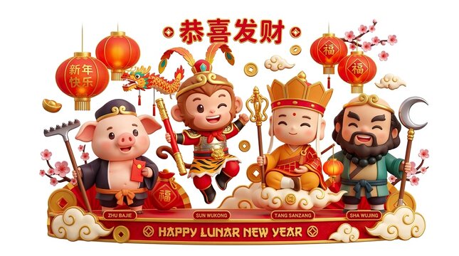 Cute Chibi Journey to the West Team Group 3D Illustration for Asian Lunar New Year, pure white background

