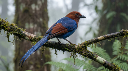 Sri Lankan Blue Magpie on Dripping Branch