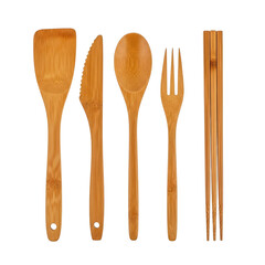 A set of wooden utensils including a spatula, knife, spoon, fork, and chopsticks on transparent background