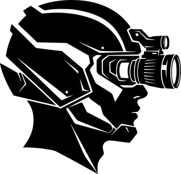 Icon of a soldier's head with a night vision device on a helmet, silhouette of a military head in black, soldier of the future.
