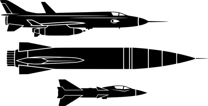Set of icons of the fighter plane f35 line, silhouette, black color isolation, top, front and side view. F-35 Lightning II model. War plane icon.

