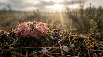 Naklejka premium Sundew Rosette on Peat with Dew Lenses