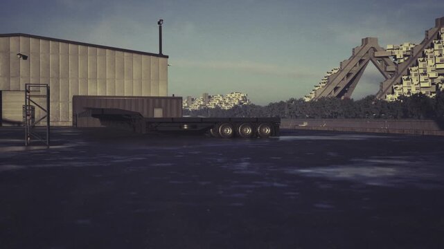 Empty loading platform with flatbed trailer and puddles, corrugated metal building backdrop, rusted ramp and concrete surface, twilight glow casting long