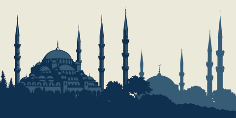 Silhouette of the iconic blue domes and minarets of the hagia sophia in istanbul © Gh