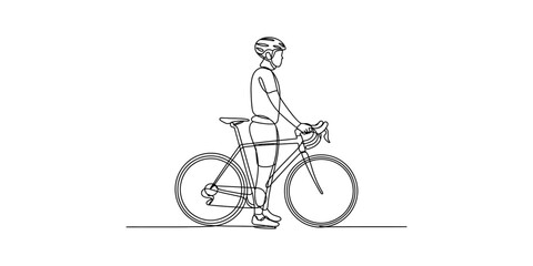 Obraz premium Minimalist Continuous Line Art Drawing of Male Cyclist Standing by Road Bike on White Background