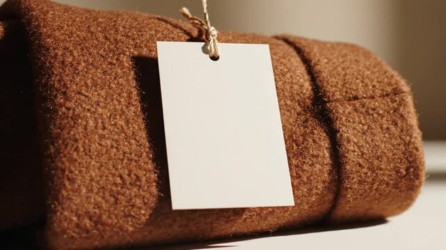 Cozy brown blanket rolled up with blank white tag tied with string for product presentation and gift wrapping