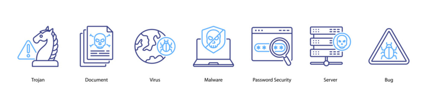 Data Protection web banner icon vector illustration featuring Trojan, Document, Virus, Malware, Password Security, Server, and Bug.