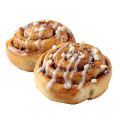 Fototapeta premium Fresh cinnamon rolls with icing drizzle on white background close-up dessert food