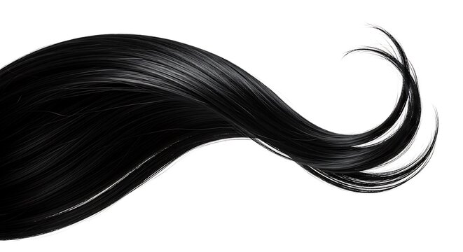 Shiny black hair strand curves elegantly on a white background.