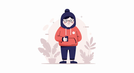 Obraz premium Cheerful person in a hoodie with glasses holding a smartphone, surrounded by plants