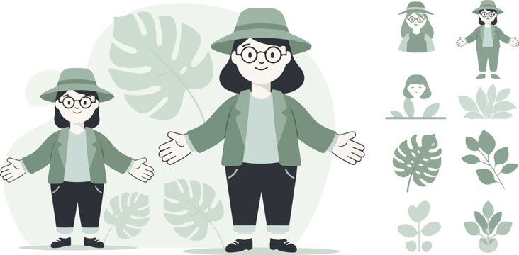 Two pixelated figures in safari hats and jackets with open arms, surrounded by stylized leaves