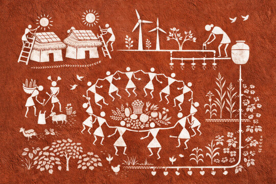 Traditional Warli Tribal Art Illustration of Sustainable Community Agriculture for Eco-Friendly Branding