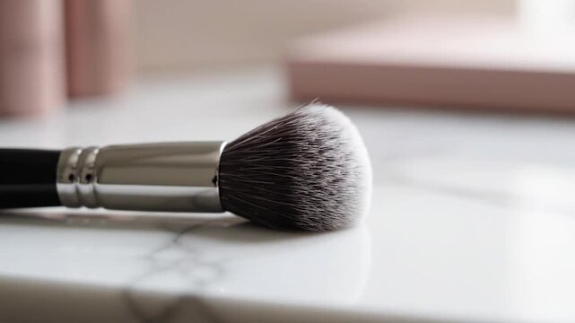 Makeup brush on marble surface.