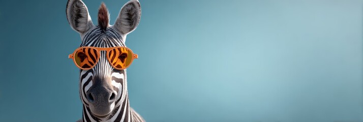 Fototapeta premium Zebra head shot portraying style and humor, wearing fashionable orange sunglasses against a plain light blue background with copy space creating an amusing and trendy concept