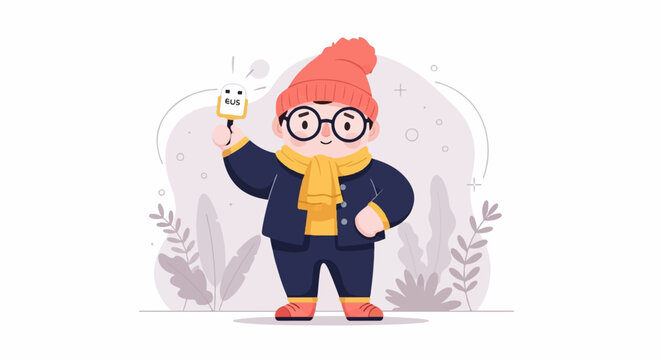 A cheerful, bespectacled child in winter attire holds up a sign with currency symbols