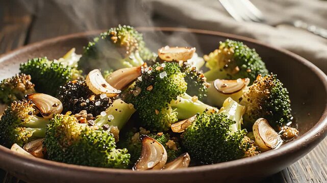 Steaming broccoli dish with roasted garlic on a wooden surface