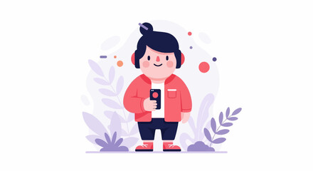 Fototapeta premium Flat design illustration of a person wearing headphones and holding a phone, with plants