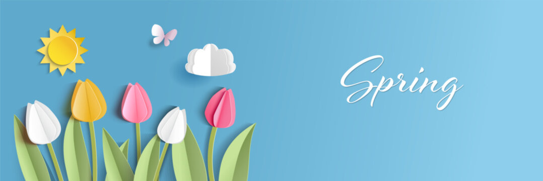 Spring banner with paper cut tulips and copy space