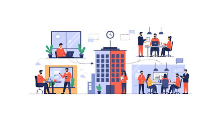 Naklejka premium Modern Hybrid Work Model: Teams Working Remotely and In-Office, Collaborating for Business Productivity and Flexible Operations