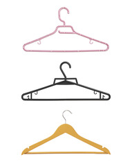 Different clothing hangers set. Hook for hanging, isolated on white.