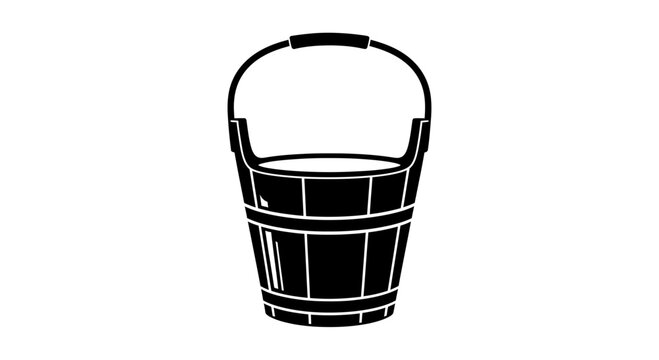 Vintage Wooden Bucket Icon Silhouette, Isolated on White Background, Retro Container for Water or Storage
