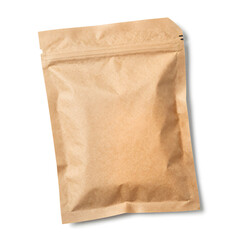 Blank Brown Kraft Paper Stand-Up Zipper Pouch Mockup on White, Ideal for Sustainable Food, Coffee, or Tea Product Packaging and Branding Designs