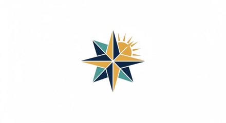 This professional vector logo features a stylized eight-pointed compass rose integrated with a rising sun. The modern design uses a sophisticated palette of navy blue, gold, and teal.