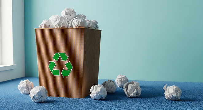 A brown recycling bin with crumpled papers on a blue floor near a window.