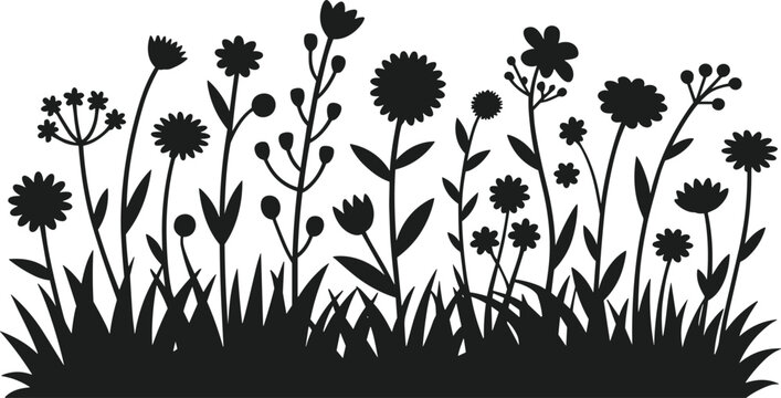 Black silhouette of a diverse flower bed with various plants and grasses white