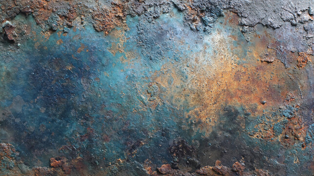 Rusted, textured metal surface with blue and brown corrosion, showcasing natural decay and oxidation effects.