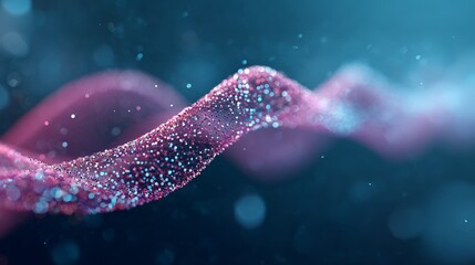 Fototapeta premium Abstract particle wave with glowing dots forming a dynamic data stream against a dark background, representing technology, science, and network connection