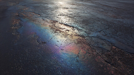 Fototapeta premium Oil slick creating a rainbow effect on a wet, textured asphalt surface under reflective light.