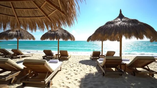 Luxurious beach scene featuring rows of sun loungers under thatched umbrellas on a sunny day