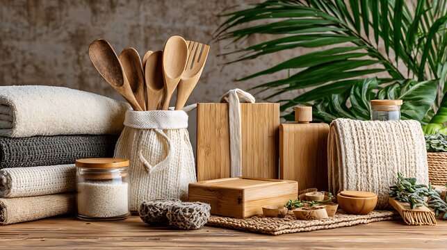 Various natural and sustainable kitchen and bathroom items arranged on wooden surface