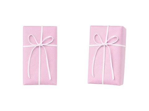Two pink gift boxes with white ribbons, shown from different angles