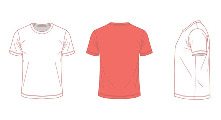 Naklejka premium Three vector views of a blank t-shirt template, showing front, back, and side profiles for apparel design mockups.