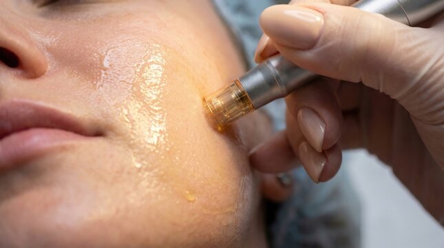 Microneedling facial treatment with exosome serum on skin