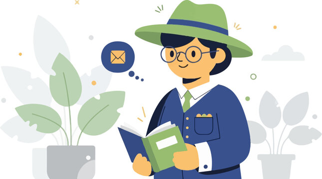 A person in a hat and suit reading a book and thinking about an email