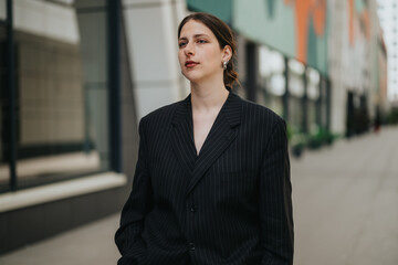 A professional woman in a dark pinstripe blazer stands in an urban street scape. She appears confident and composed as she walks along a modern city sidewalk. © qunica.com