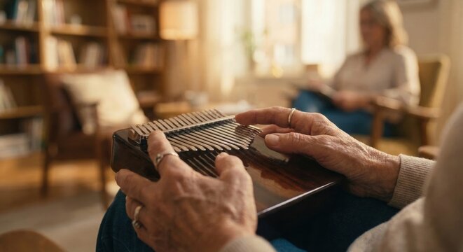 Senior woman playing kalimba thumb piano for music therapy