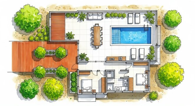 Modern villa architectural floor plan with swimming pool and wooden patio garden layout
