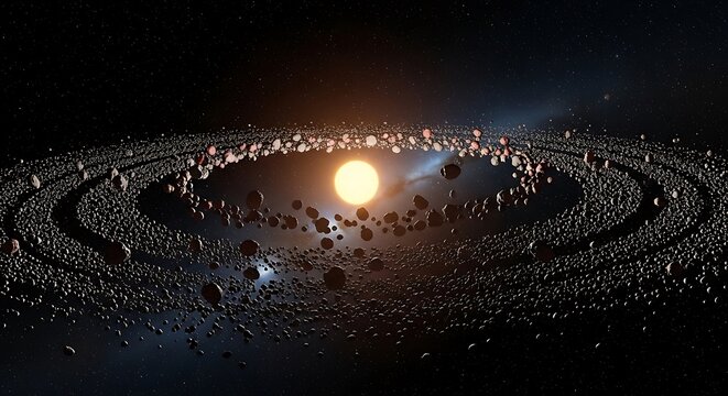 A cosmic spiral galaxy with a radiant central core and scattered star clusters. astroid belt
