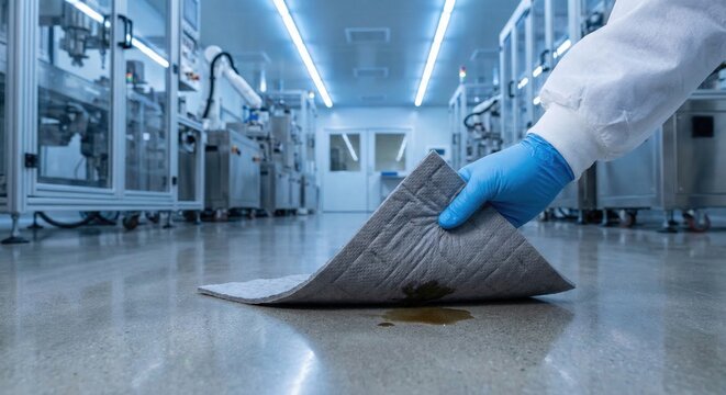 Placing absorbent mat on spill in high-tech facility